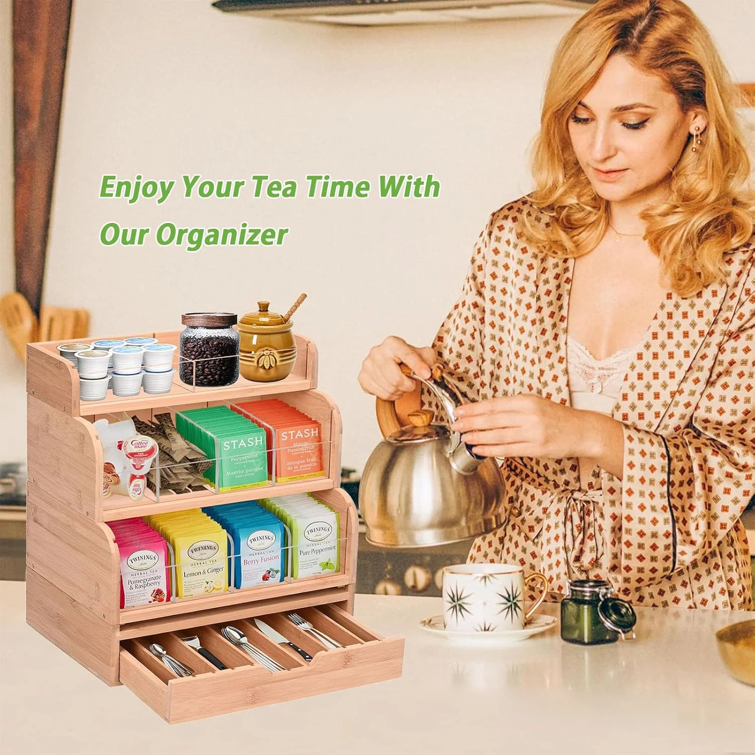جعبه چای کیسه ای بامبو یشاین - نگهدارنده عمودی 4 طبقه، صندوقچه چوبی، قفسه پخش کننده، جعبه ایستاده چند منظوره برای قهوه، شکر، چاشنی جعبه چای کیسه ای بامبو یشاین - نگهدارنده عمودی 4 طبقه، صندوقچه چوبی، قفسه پخش کننده، جعبه ایستاده چند منظوره برای قهوه، شکر، چاشنی