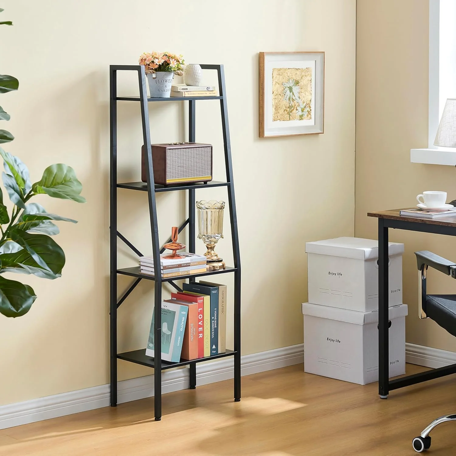 Hoctieon Ladder Shelf Bookcase, 4-Tier Ladder Bookshelf, Tall Bookshelf with Metal Frame, Industrial Bookshelf Ladder, for Living Room, Kitchen, Home Office, Bedroom, Black Hoctieon Ladder Shelf Bookcase, 4-Tier Ladder Bookshelf, Tall Bookshelf with Metal Frame, Industrial Bookshelf Ladder, for Living Room, Kitchen, Home Office, Bedroom, Black