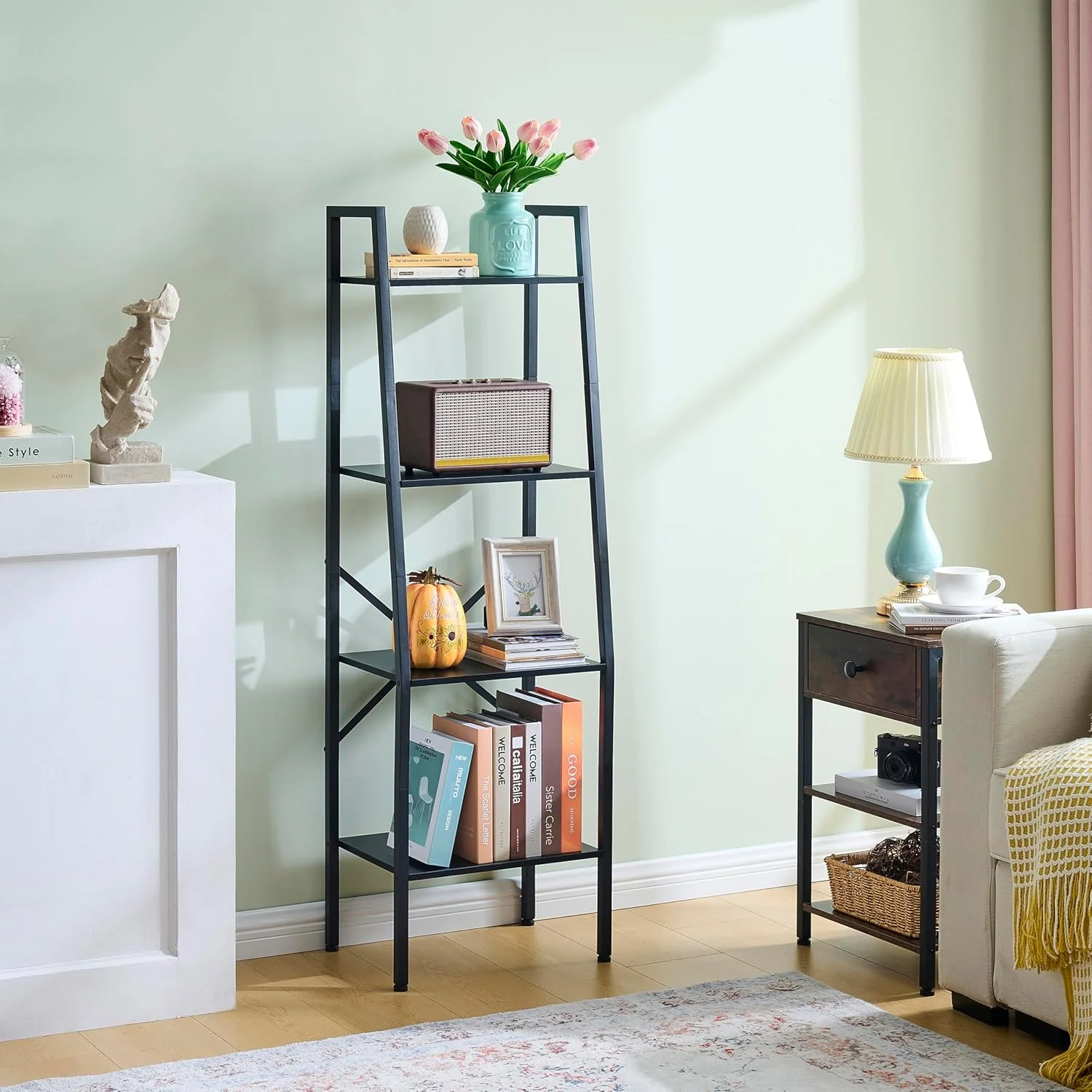 Hoctieon Ladder Shelf Bookcase, 4-Tier Ladder Bookshelf, Tall Bookshelf with Metal Frame, Industrial Bookshelf Ladder, for Living Room, Kitchen, Home Office, Bedroom, Black Hoctieon Ladder Shelf Bookcase, 4-Tier Ladder Bookshelf, Tall Bookshelf with Metal Frame, Industrial Bookshelf Ladder, for Living Room, Kitchen, Home Office, Bedroom, Black