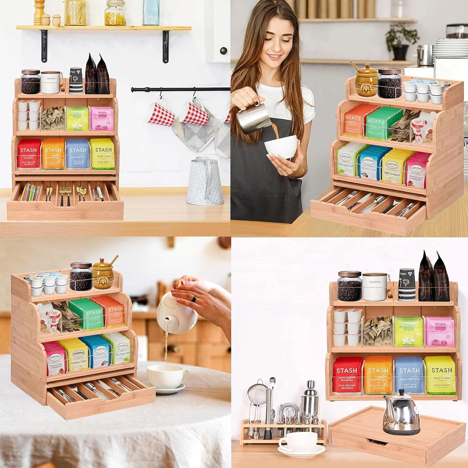 جعبه چای کیسه ای بامبو یشاین - نگهدارنده عمودی 4 طبقه، صندوقچه چوبی، قفسه پخش کننده، جعبه ایستاده چند منظوره برای قهوه، شکر، چاشنی جعبه چای کیسه ای بامبو یشاین - نگهدارنده عمودی 4 طبقه، صندوقچه چوبی، قفسه پخش کننده، جعبه ایستاده چند منظوره برای قهوه، شکر، چاشنی