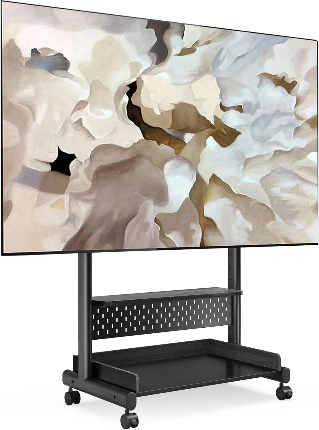 پایه تلویزیون چرخ دار FITUEYES برای تلویزیون های LED LCD تخت 40 تا 85 اینچ، پایه گوشه تلویزیون با محل نگهداری، تخته پگ و کنسول تلویزیون با قفسه چوبی مدل K-A207214WB