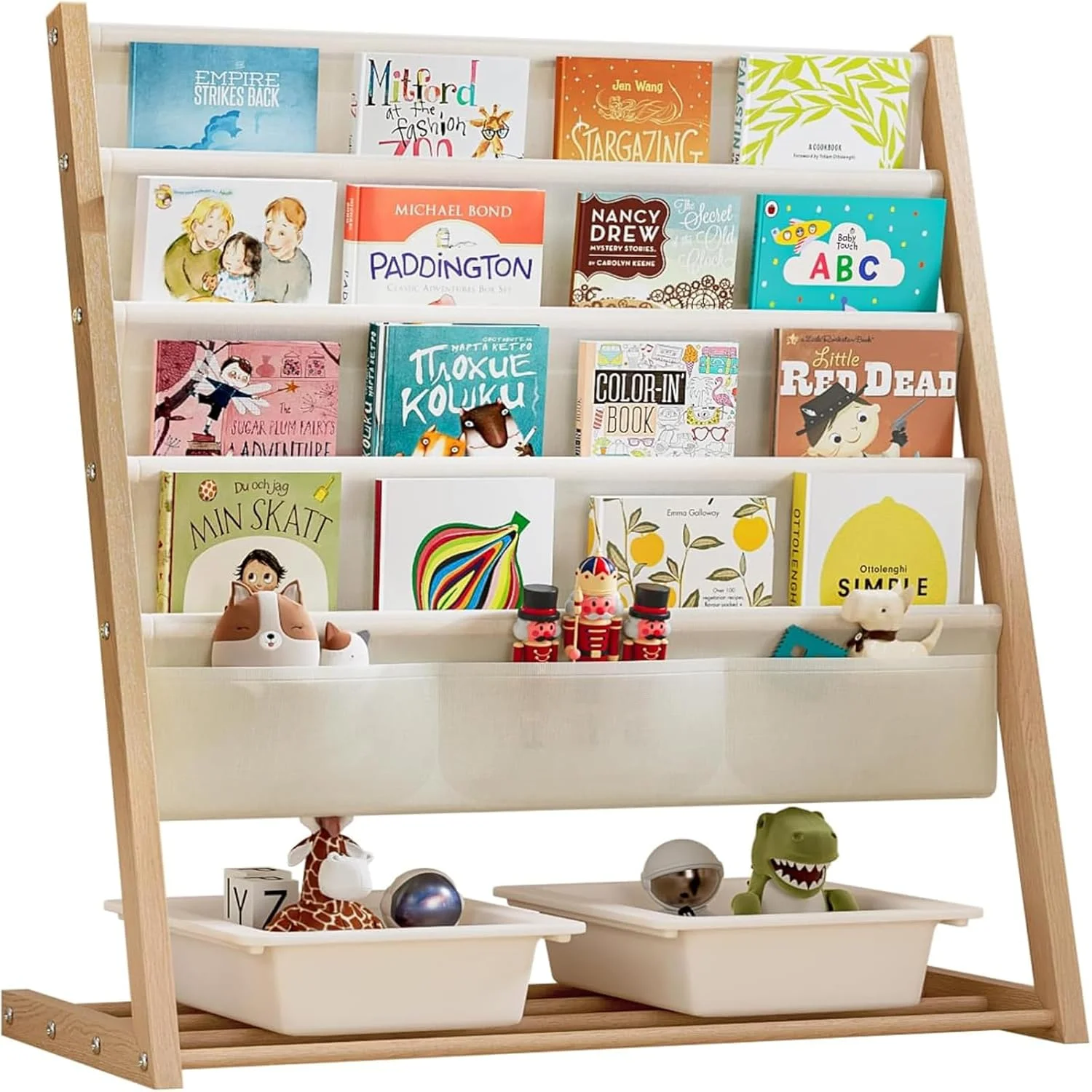 قفسه کتاب کودک ANTOLE، قفسه کتاب چوبی طبیعی 4 طبقه با محفظه نگهداری عمیق، قفسه کتاب کودک، قفسه مجله سازمان دهنده کتاب کودک، قفسه کتاب کودک نوپا برای نگهداری اسباب بازی اتاق بازی