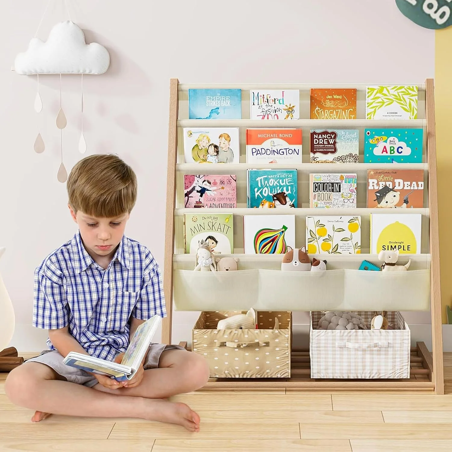 قفسه کتاب کودک ANTOLE، قفسه کتاب چوبی طبیعی 4 طبقه با محفظه نگهداری عمیق، قفسه کتاب کودک، قفسه مجله سازمان دهنده کتاب کودک، قفسه کتاب کودک نوپا برای نگهداری اسباب بازی اتاق بازی
