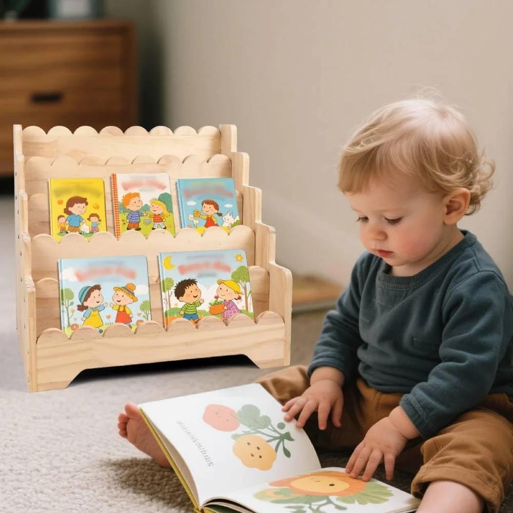 قفسه چوبی 5 طبقه کوچک کنگره‌ای برای کودکان 1 تا 5 سال، قفسه کتاب کودک مونته سوری، کتابخانه بادوام نوزاد و کودک برای اتاق کودک و اتاق بازی، 16.9*11.4*15.7 اینچ