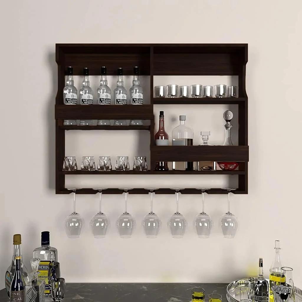 قفسه دیواری چوبی دکوراتیو اصل، کابینت بار با فضای نگهداری لیوان، نظم‌دهنده مینی بار معکوس آویز دیواری برای خانه، ابعاد 30x24 اینچ (چوب رز) (مشکی)