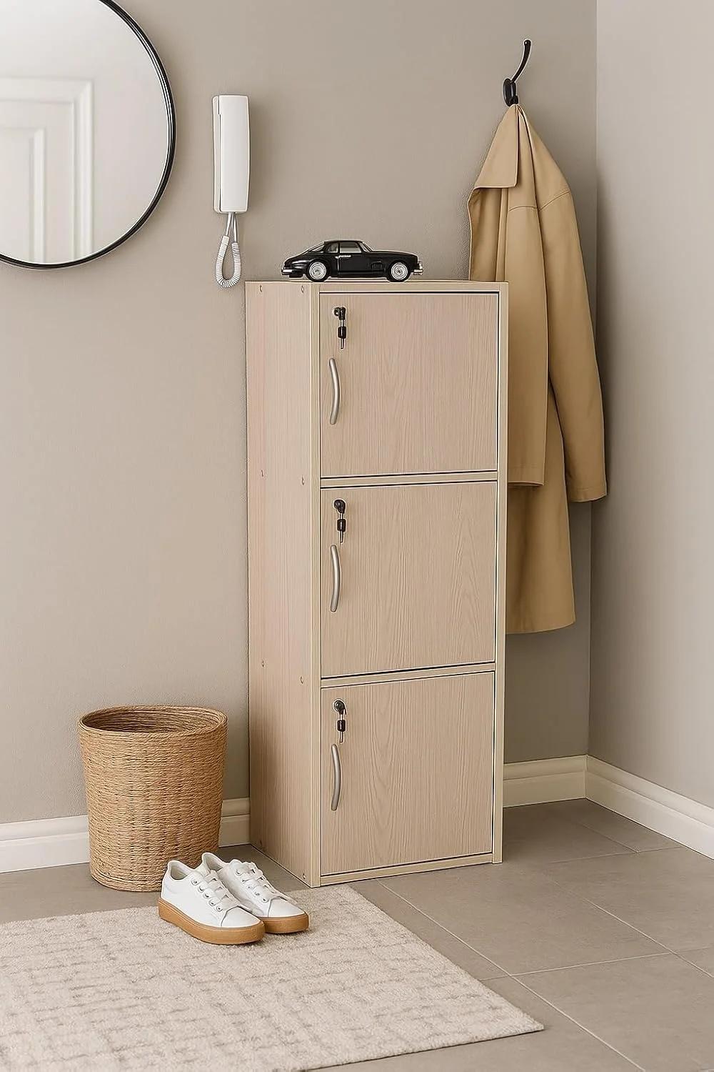 کابینت ذخیره سازی چوبی مدرن 3 طبقه با درهای قفل دار - سازمان دهنده مستقل 112 سانتی متری با 3 قفسه جادار 35 سانتی متری، سطح 40x40 سانتی متر، پانل های ضخیم 15 میلی متری - کمد چند منظوره بادوام