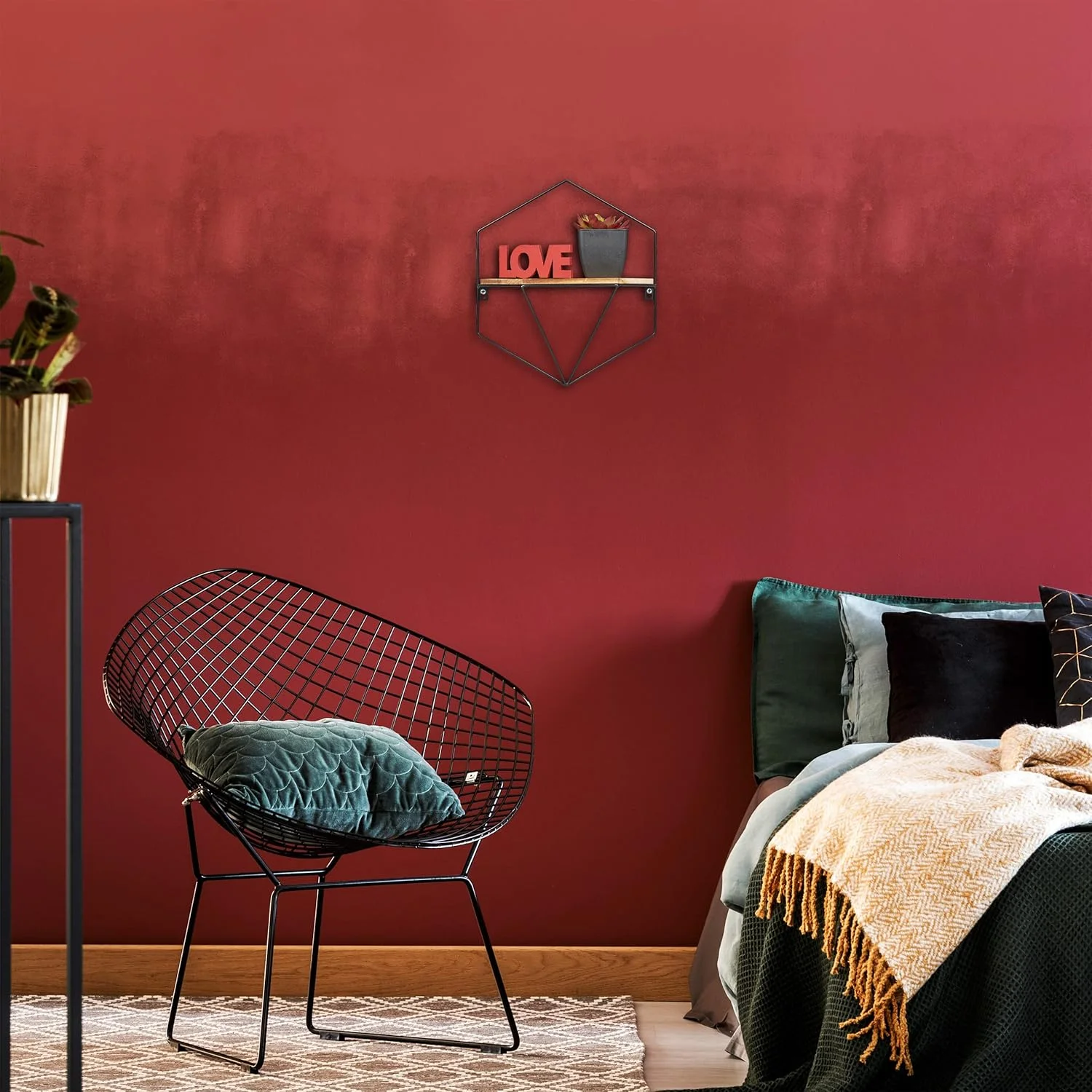 شلف شناور Relaxdays، شش ضلعی دیواری، قاب مشبک، آهن و MDF، ارتفاع×عرض×ضخامت: 35x31x13.5 سانتی متر، مشکی/قهوه ای روشن، تخته فیبر 50% آهن