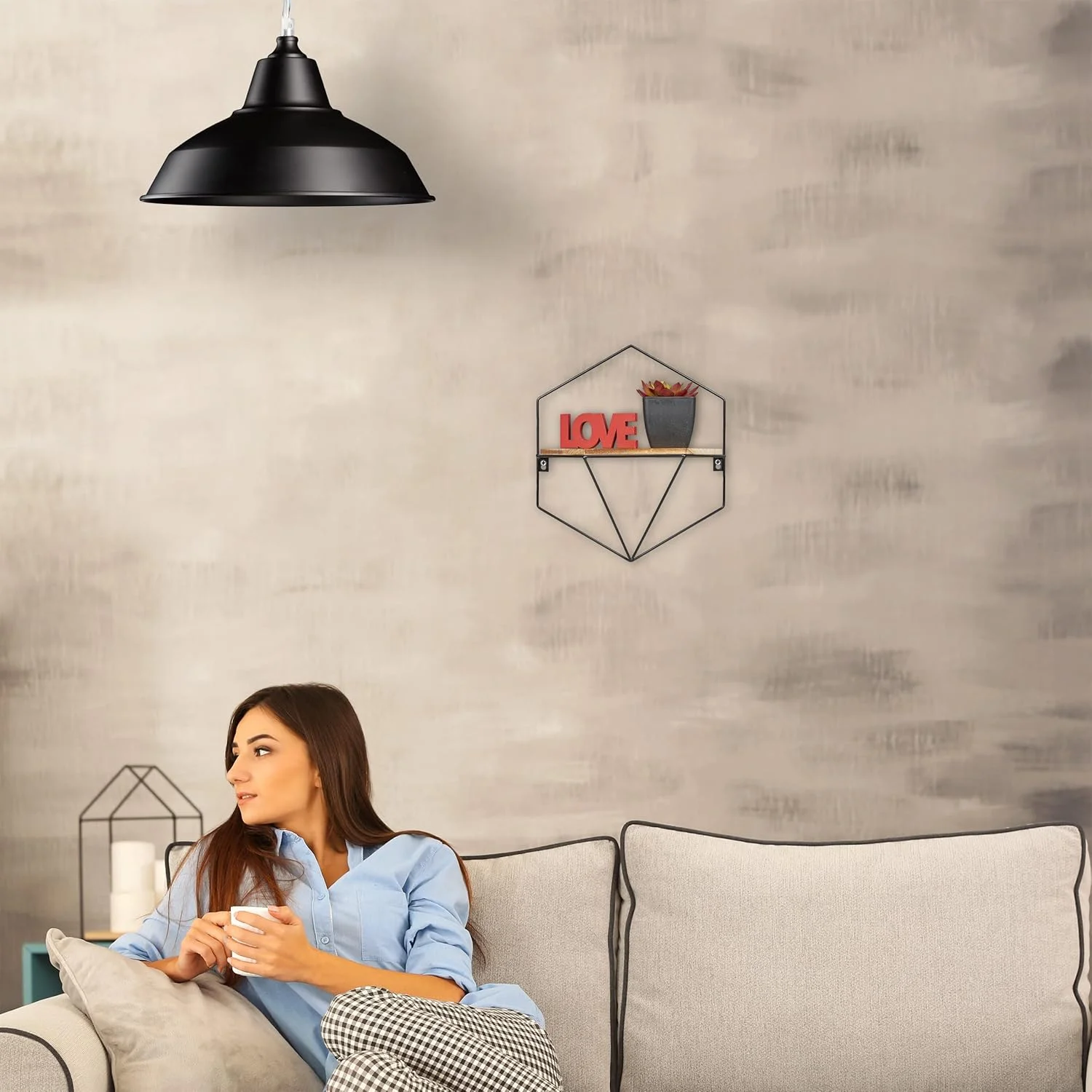 شلف شناور Relaxdays، شش ضلعی دیواری، قاب مشبک، آهن و MDF، ارتفاع×عرض×ضخامت: 35x31x13.5 سانتی متر، مشکی/قهوه ای روشن، تخته فیبر 50% آهن