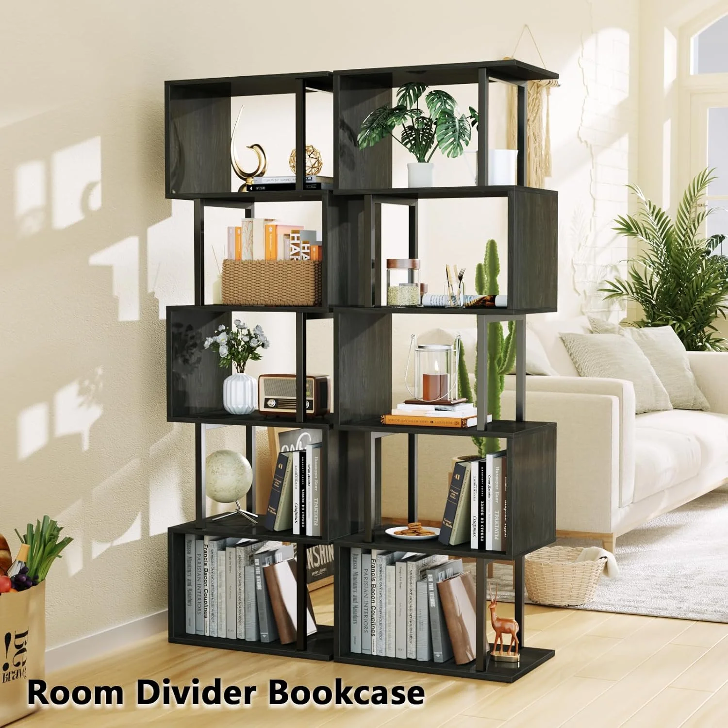 قفسه کتاب 6 طبقه Furologee، کتابخانه هندسی بلند، قفسه ایستاده نمایشگر صنعتی S شکل، قفسه تقسیم کننده اتاق فلزی و چوبی تزئینی برای اتاق خواب، اتاق نشیمن، دفتر کار، بلوط مشکی روشن