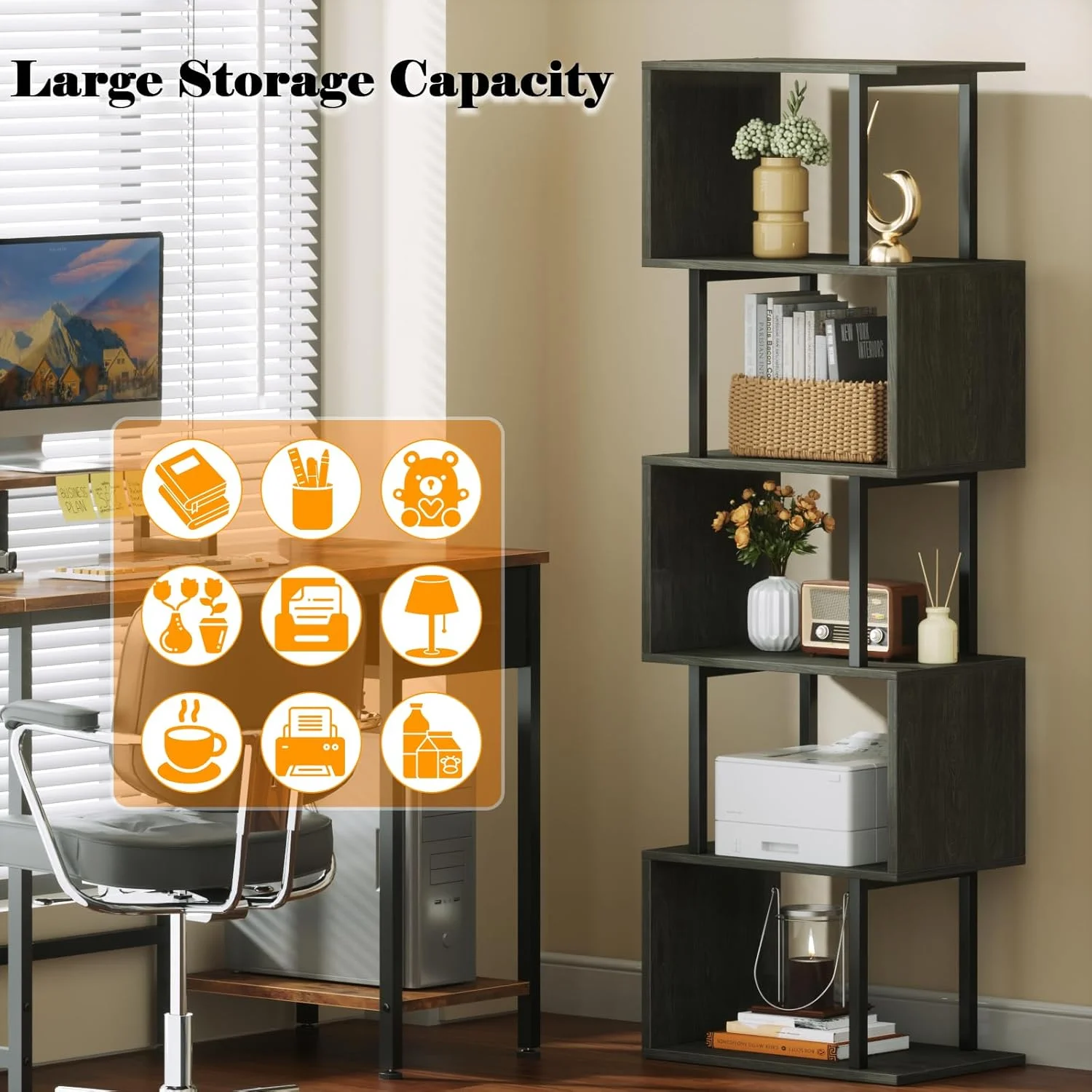قفسه کتاب 6 طبقه Furologee، کتابخانه هندسی بلند، قفسه ایستاده نمایشگر صنعتی S شکل، قفسه تقسیم کننده اتاق فلزی و چوبی تزئینی برای اتاق خواب، اتاق نشیمن، دفتر کار، بلوط مشکی روشن
