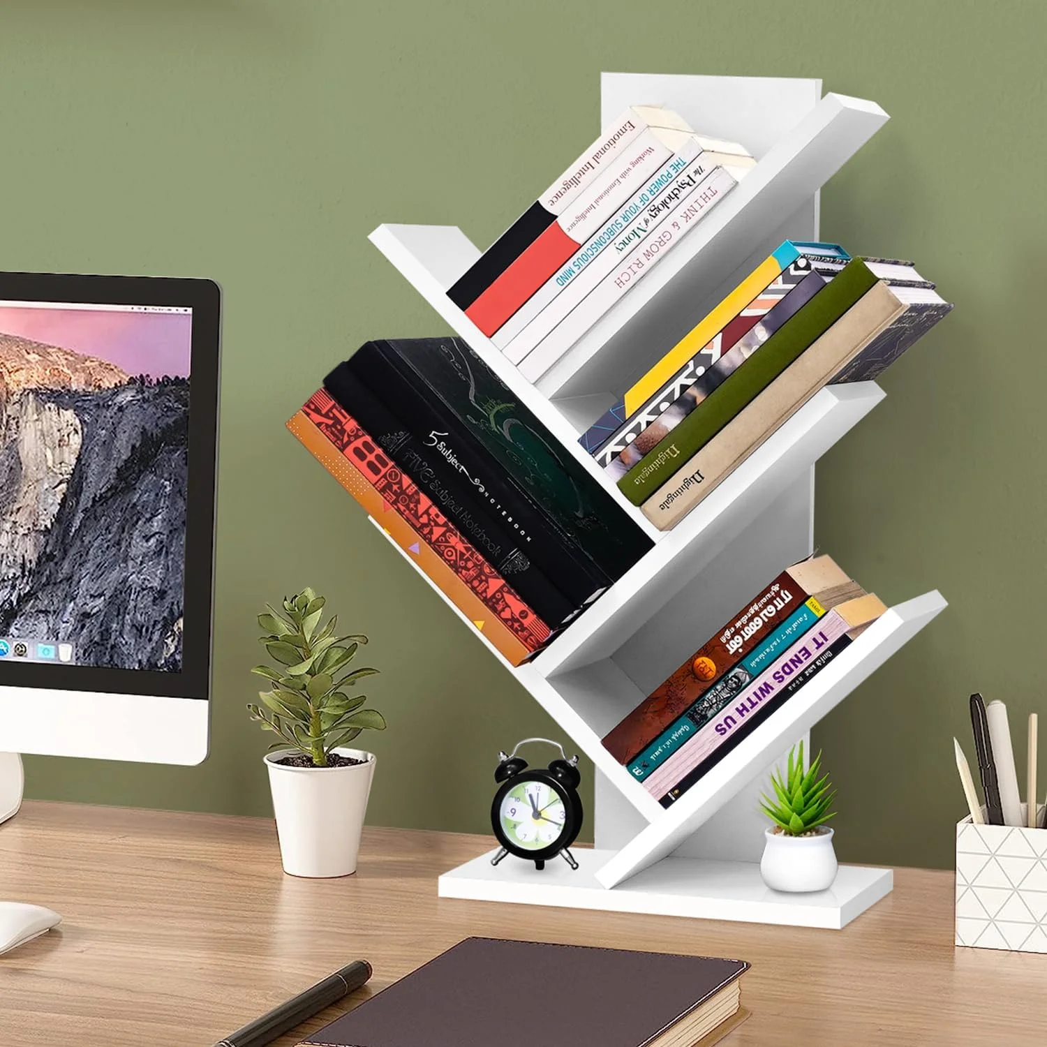 قفسه کتاب درختی ABOUT SPACE - قفسه کتاب 4 طبقه برای کتابخانه خانگی، دفتر کار، قفسه نمایشگر چند منظوره چوبی مهندسی شده برای اتاق خواب، اتاق نشیمن (طول 30 x عرض 18 x ارتفاع 63 سانتی متر - سفید)