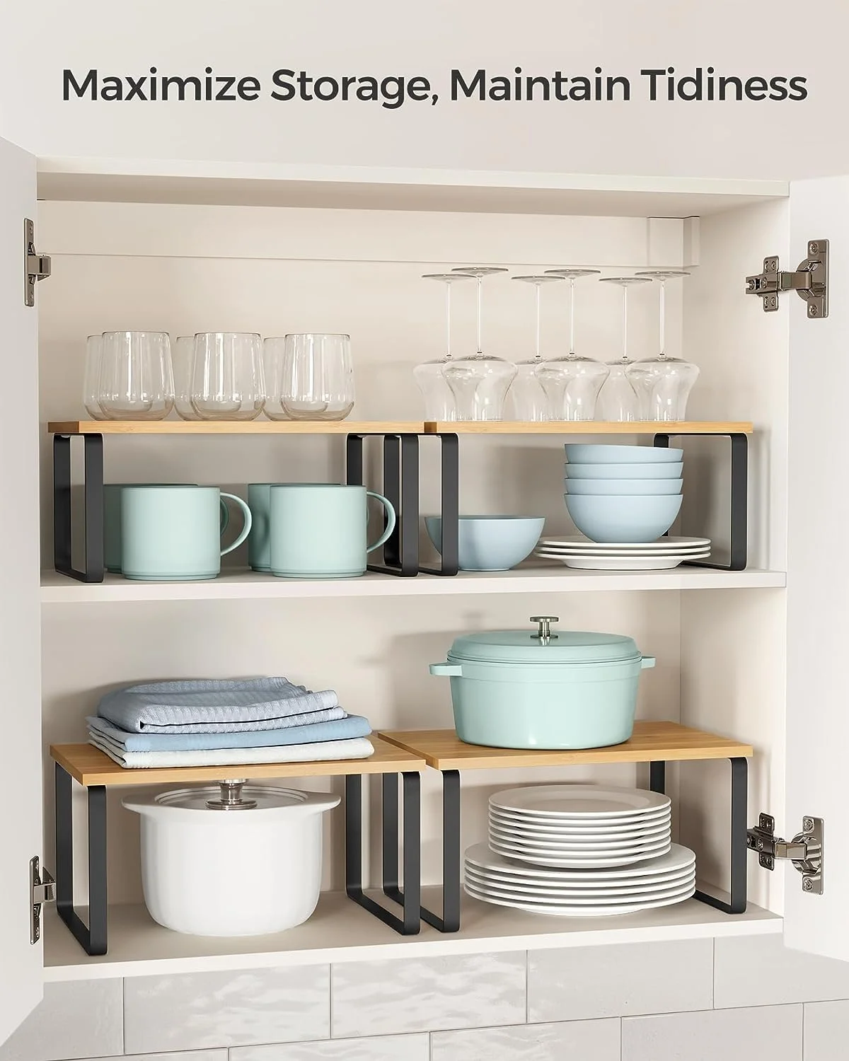 قفسه نظم دهنده کابینت XICEN، ست 2 عددی قفسه پیشخوان آشپزخانه، نگهداری آشپزخانه، قفسه ادویه، قابل چیدن، قابل گسترش، فلز و چوب مهندسی شده