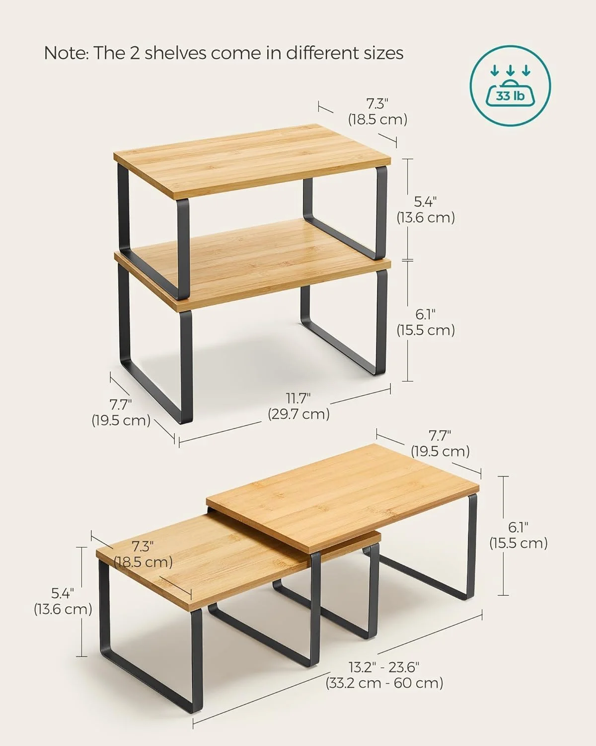 قفسه نظم دهنده کابینت XICEN، ست 2 عددی قفسه پیشخوان آشپزخانه، نگهداری آشپزخانه، قفسه ادویه، قابل چیدن، قابل گسترش، فلز و چوب مهندسی شده