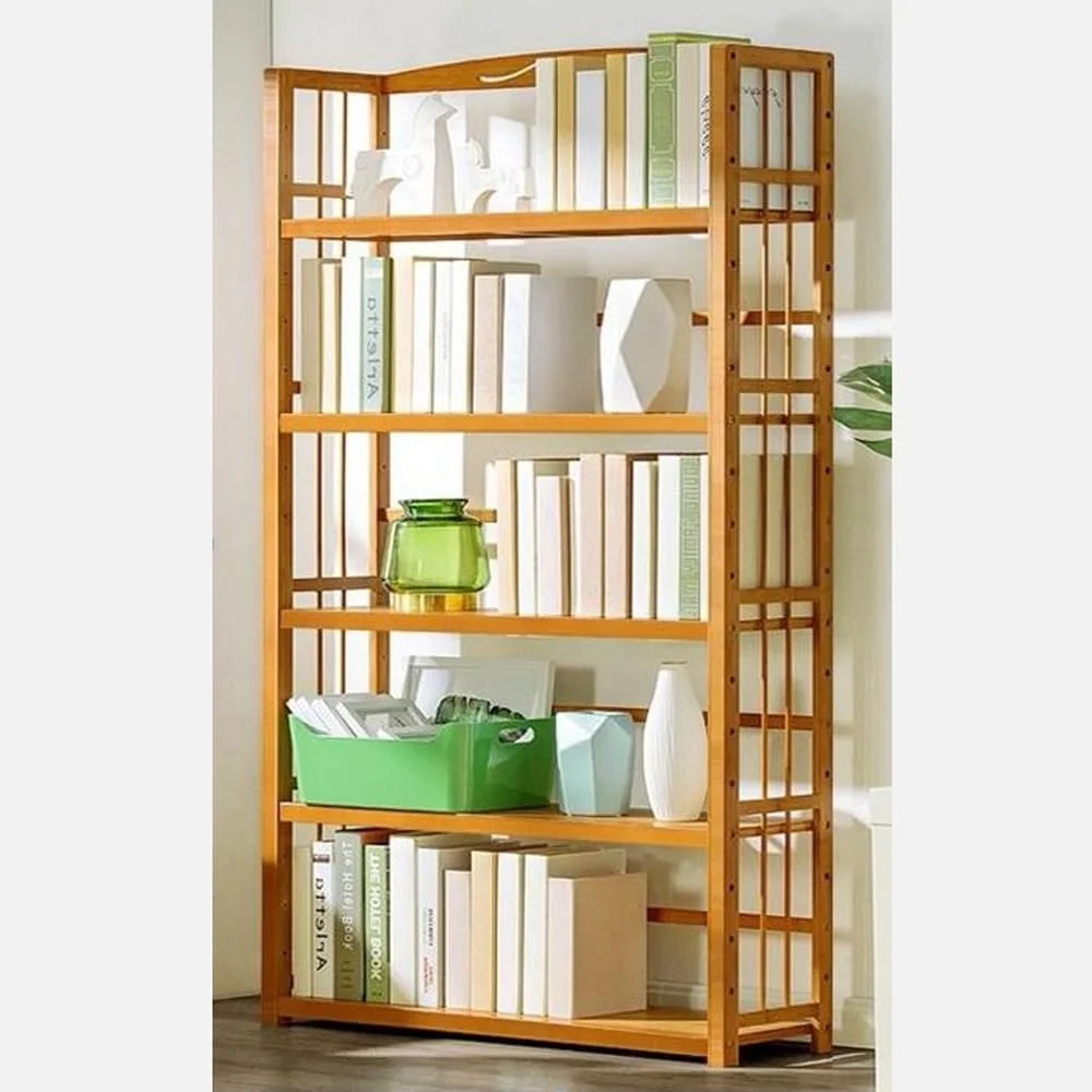 کتابخانه بامبو OneDcor - کابینت 4 طبقه و 5 طبقه، قفسه کتاب و سازمان دهنده ذخیره سازی مستقل | واحد قفسه بندی چوبی قابل تنظیم برای خانه و دفتر | استند گل، جاکفشی و ذخیره سازی آشپزخانه (5 طبقه)