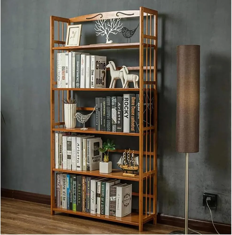 کتابخانه بامبو OneDcor - کابینت 4 طبقه و 5 طبقه، قفسه کتاب و سازمان دهنده ذخیره سازی مستقل | واحد قفسه بندی چوبی قابل تنظیم برای خانه و دفتر | استند گل، جاکفشی و ذخیره سازی آشپزخانه (5 طبقه)