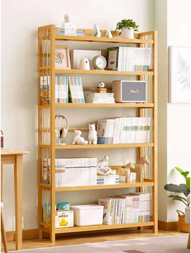 کتابخانه بامبو OneDcor - کابینت 4 طبقه و 5 طبقه، قفسه کتاب و سازمان دهنده ذخیره سازی مستقل | واحد قفسه بندی چوبی قابل تنظیم برای خانه و دفتر | استند گل، جاکفشی و ذخیره سازی آشپزخانه (5 طبقه)