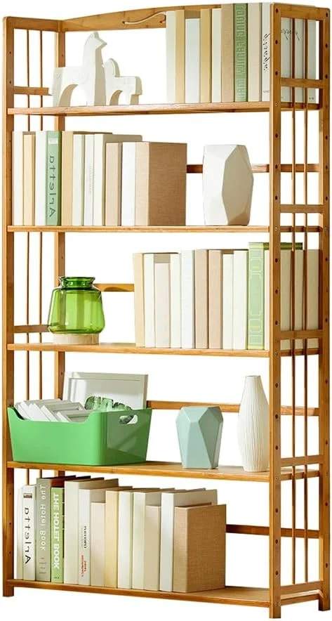 کتابخانه بامبو OneDcor - کابینت 4 طبقه و 5 طبقه، قفسه کتاب و سازمان دهنده ذخیره سازی مستقل | واحد قفسه بندی چوبی قابل تنظیم برای خانه و دفتر | استند گل، جاکفشی و ذخیره سازی آشپزخانه (5 طبقه)