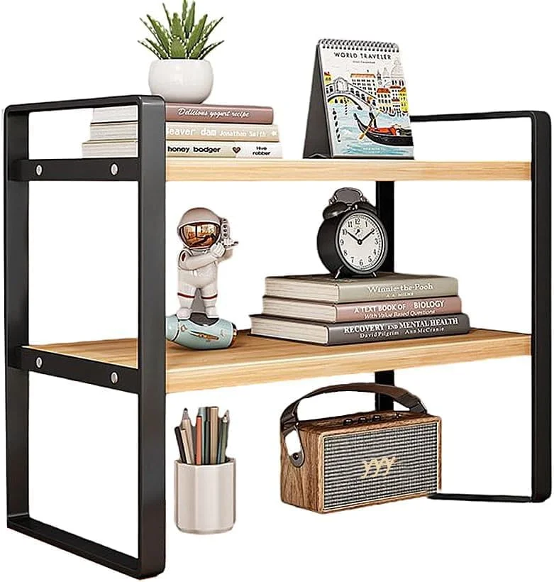 قفسه کتاب چوبی Dreamhousey، قفسه کتاب اداری، سازمان دهنده کتاب، سازمان دهنده فایل، سازمان دهنده رومیزی، سازمان دهنده اداری، قفسه ذخیره سازی میز، قفسه کتاب رومیزی (رنگ مشکی + چوب، 2 طبقه)، 001dsgsdg
