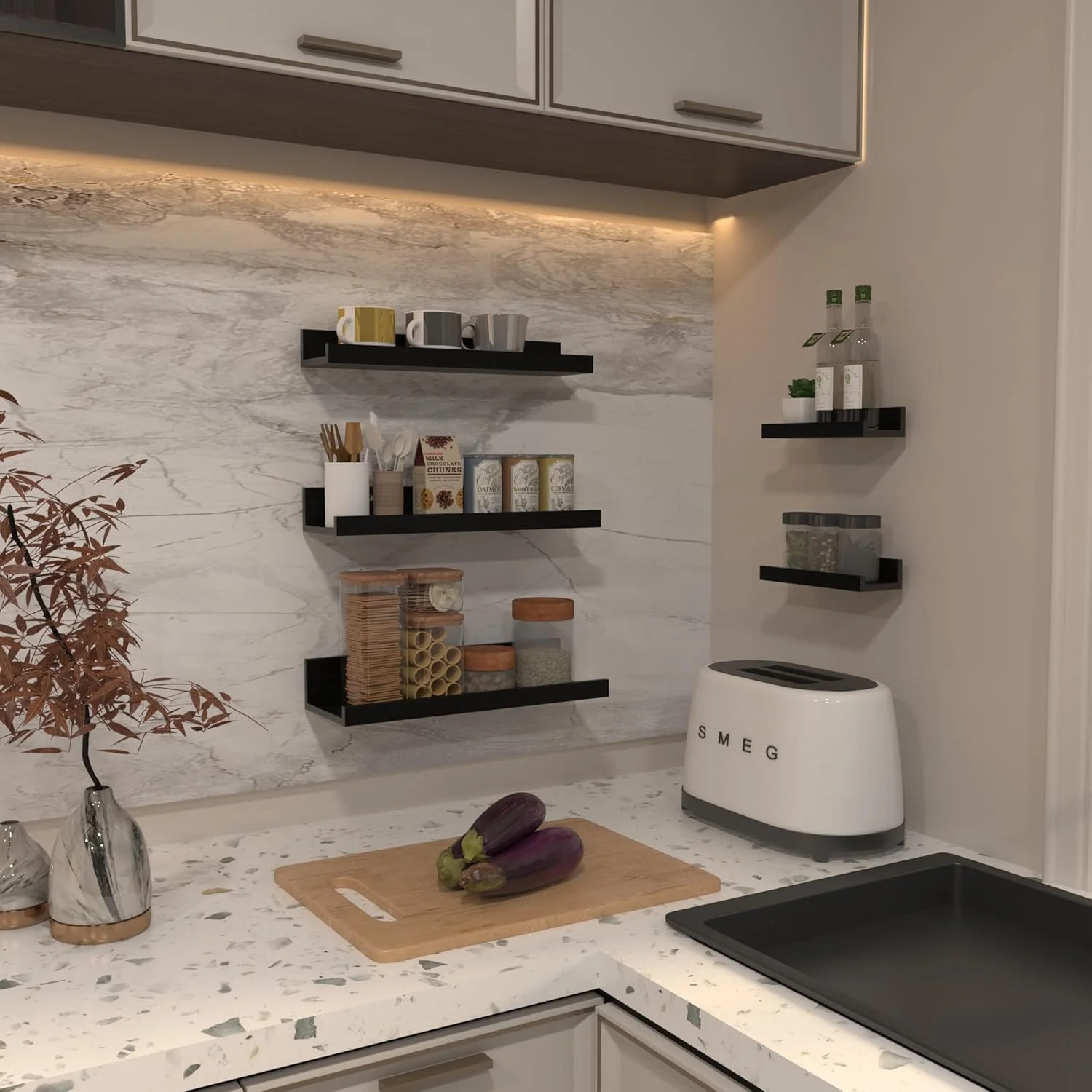 Giftgarden ست 5 تایی شلف دیواری شناور 16 اینچی، شلف دیواری چوبی مشکی برای حمام، اتاق خواب، آشپزخانه، نگهداری اتاق نشیمن، طاقچه عکس کوچک چوبی
