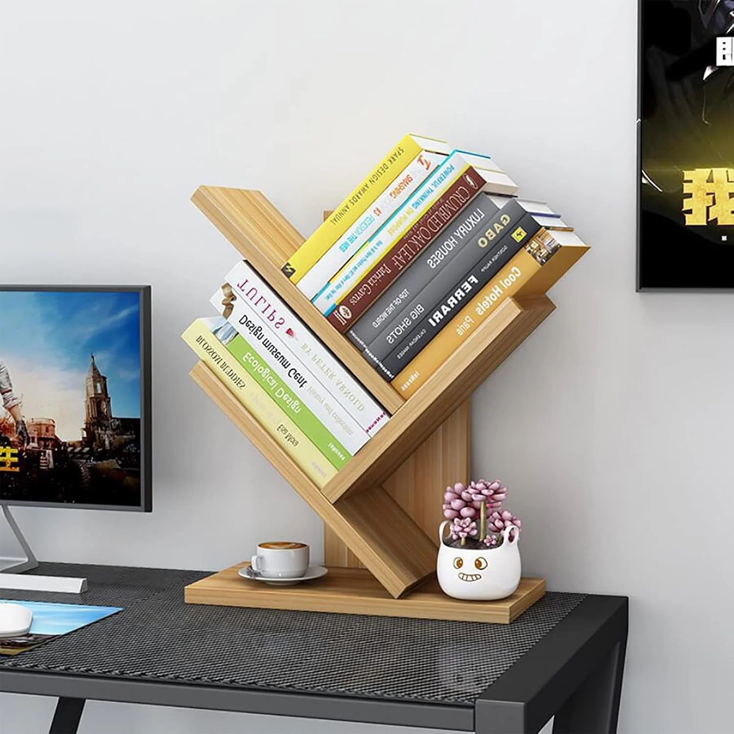 کتابخانه رومیزی درختی نارسیز، قفسه 3 طبقه سازمان دهنده کتاب بامبو، قفسه کتاب ایستاده زمینی، نگهدارنده کتاب، قفسه چوبی برای دفتر کار، خانه، مدرسه (31 * 17 * 40.5 سانتی متر) (زرد)