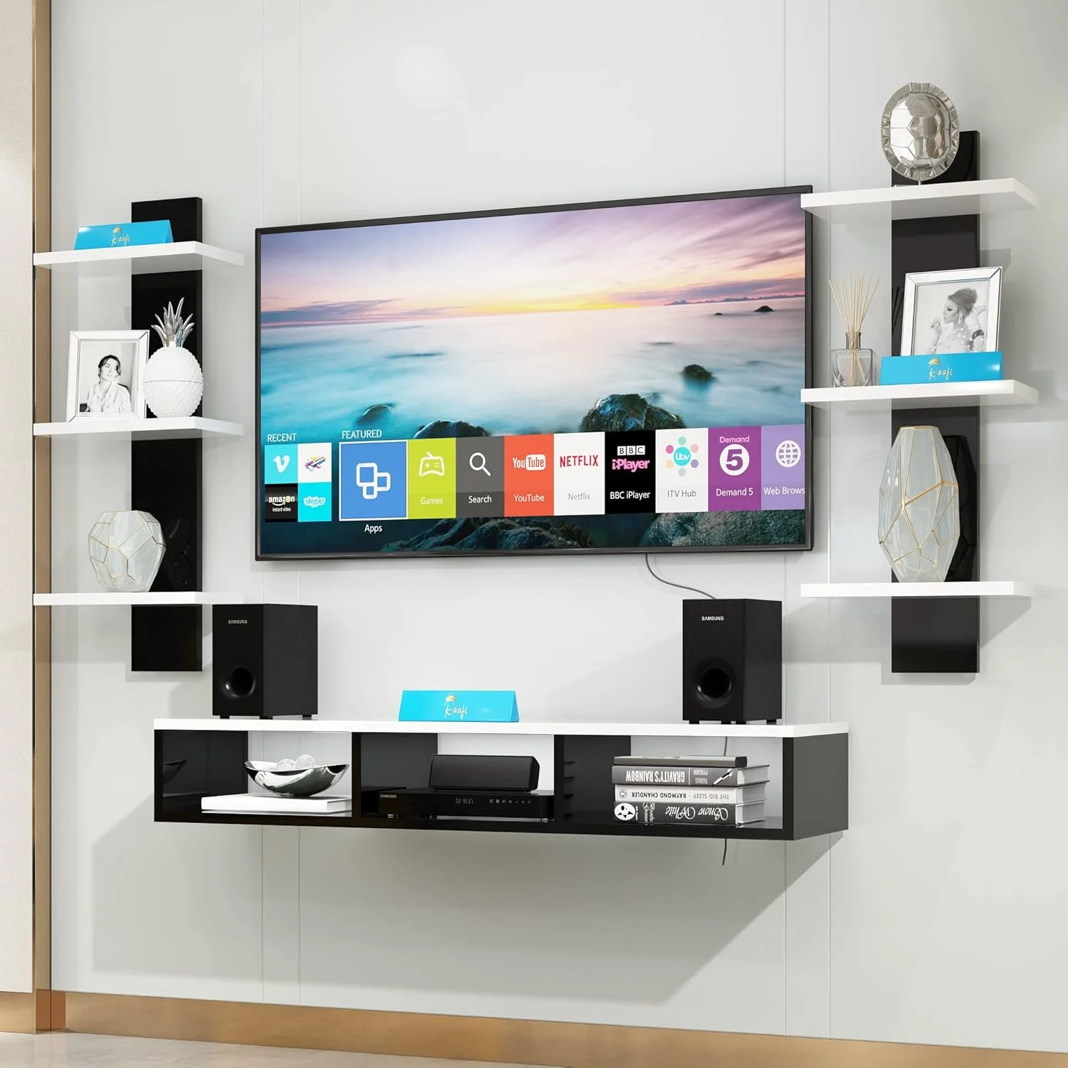 میز تلویزیون دیواری چوبی رافی، کابینت، همراه با شلف دیواری پایه تلویزیون برای اتاق نشیمن (سیاه و سفید)