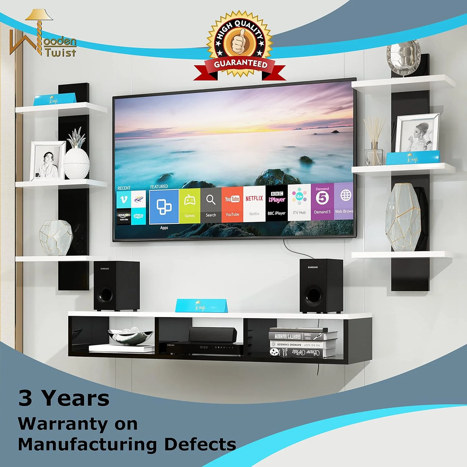 میز تلویزیون دیواری چوبی رافی، کابینت، همراه با شلف دیواری پایه تلویزیون برای اتاق نشیمن (سیاه و سفید)