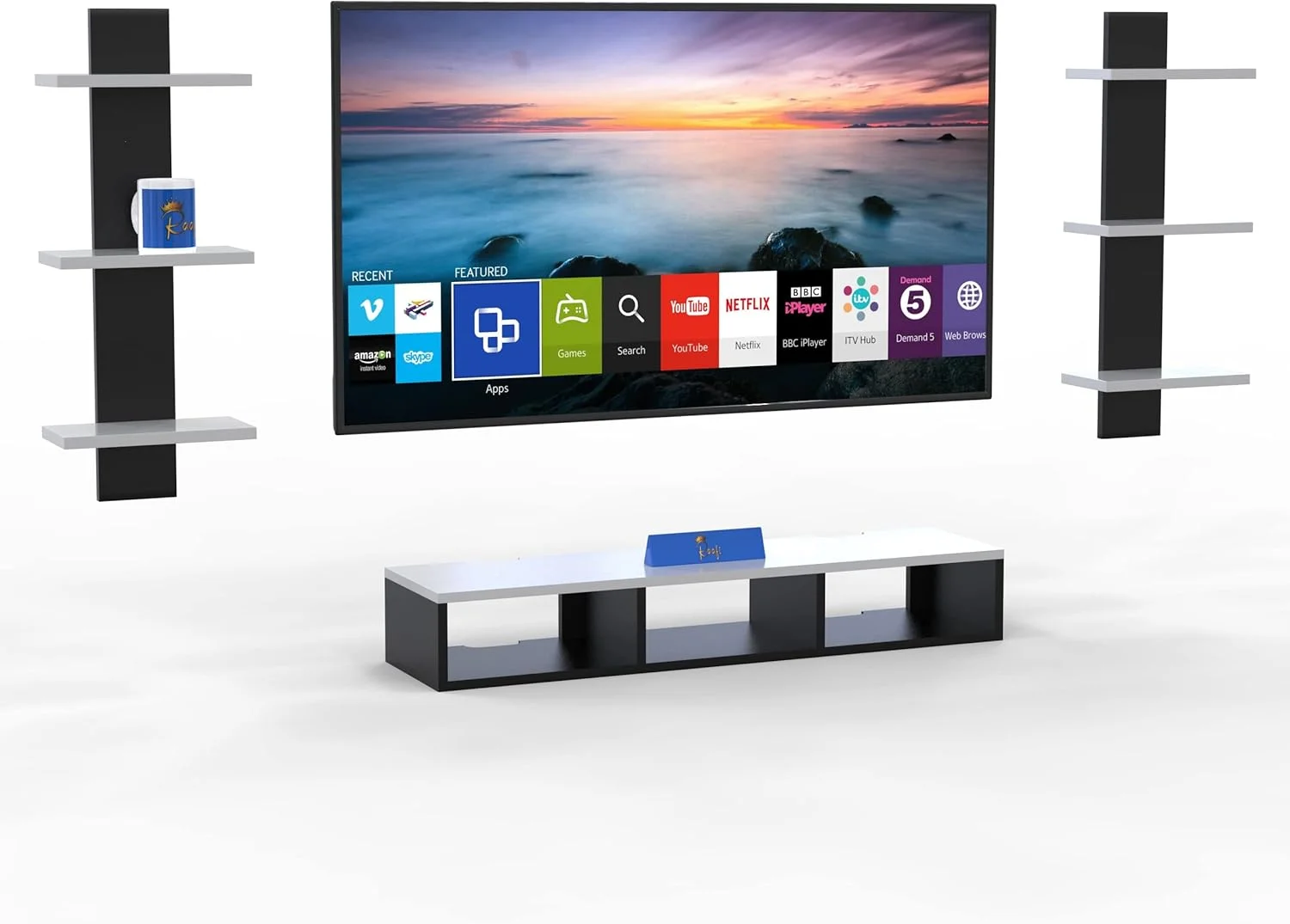 میز تلویزیون دیواری چوبی رافی، کابینت، همراه با شلف دیواری پایه تلویزیون برای اتاق نشیمن (سیاه و سفید)