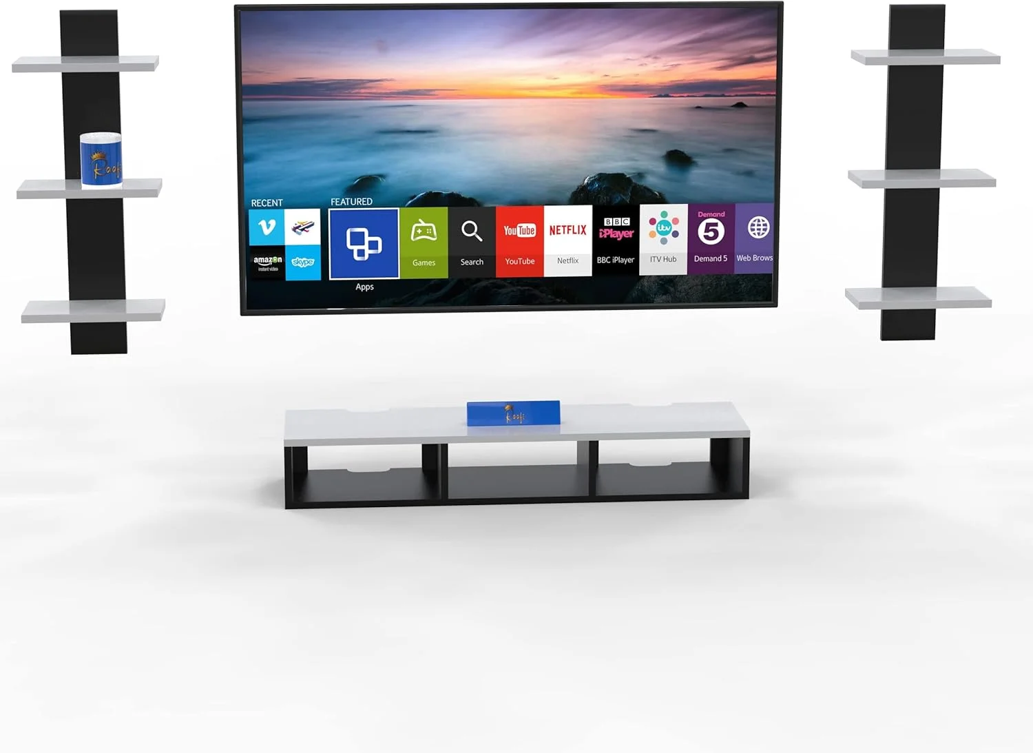 میز تلویزیون دیواری چوبی رافی، کابینت، همراه با شلف دیواری پایه تلویزیون برای اتاق نشیمن (سیاه و سفید)