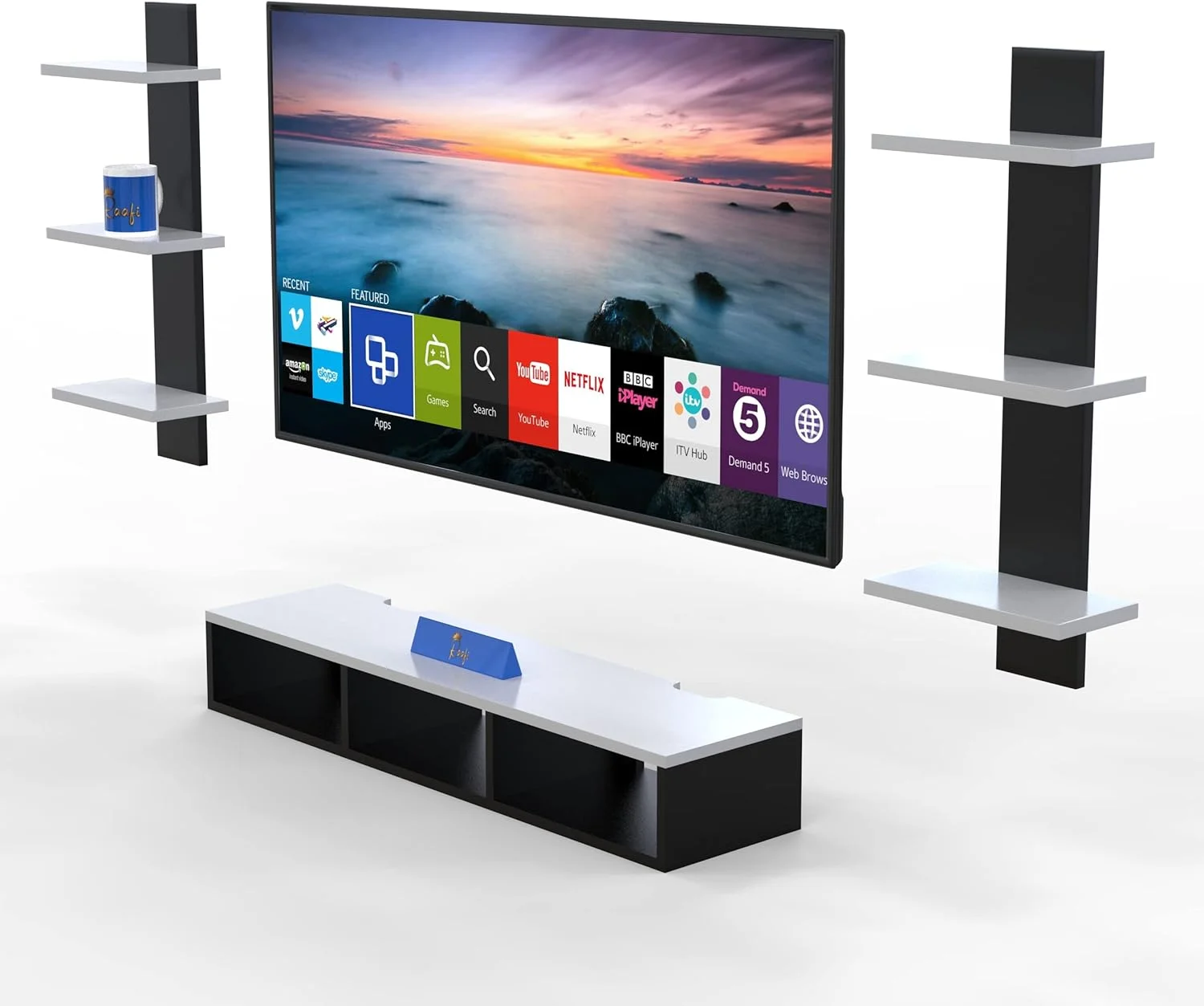 میز تلویزیون دیواری چوبی رافی، کابینت، همراه با شلف دیواری پایه تلویزیون برای اتاق نشیمن (سیاه و سفید)
