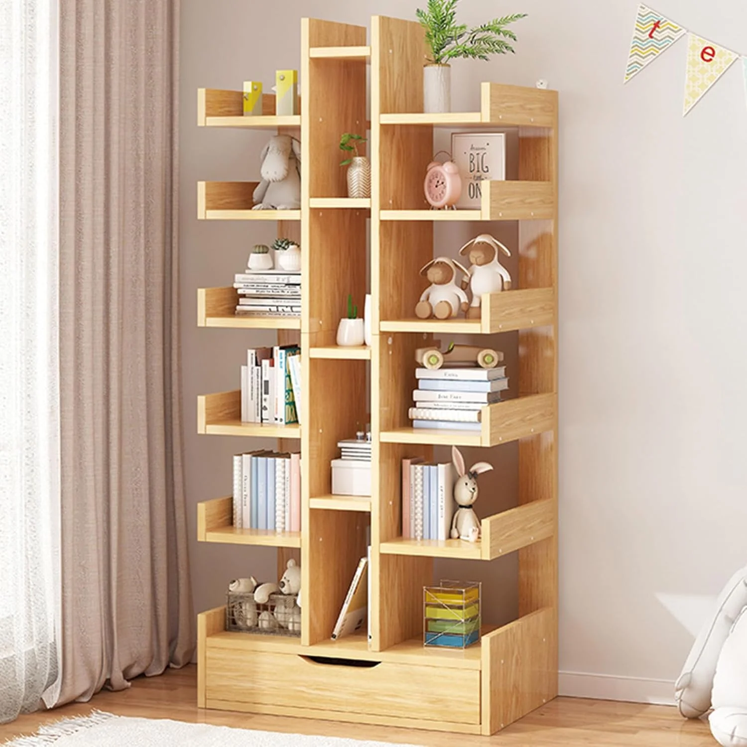 کتابخانه چند لایه sooyinpaint، کتابخانه ایستاده 15 طبقه، کابینت سازمان دهنده ذخیره سازی نمایشگر بلند ایستاده با کشو، قفسه کتاب برای نگهداری در کنار دیوار، کتابخانه اتاق نشیمن (چوبی)