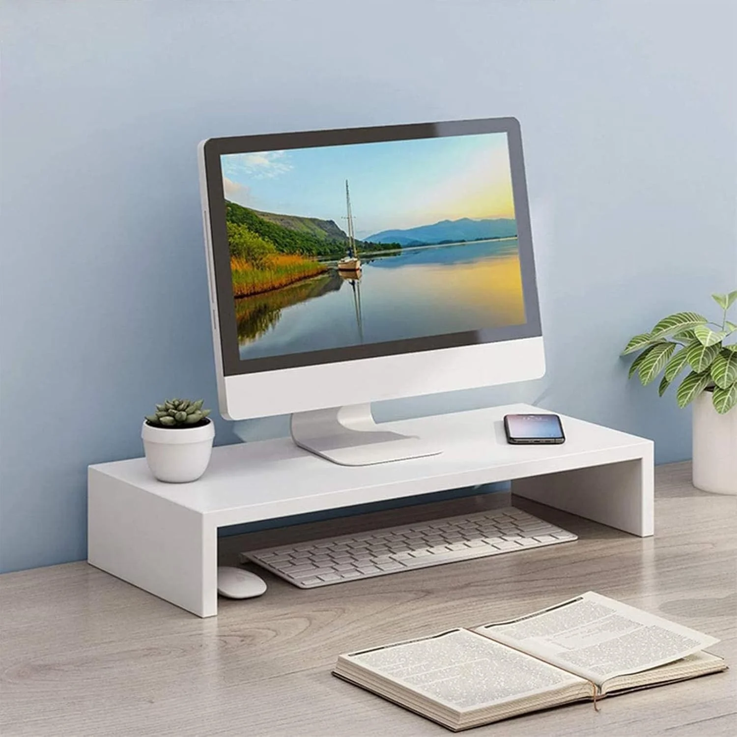پایه مانیتور Ikeoat، ارگانایزر رومیزی Ikeoat برای لپ تاپ، پایه مانیتور چوبی برای پرینتر، کامپیوتر شخصی، صرفه جویی در فضا پایه لپ تاپ رومیزی برای استفاده در خانه و محل کار، سفید