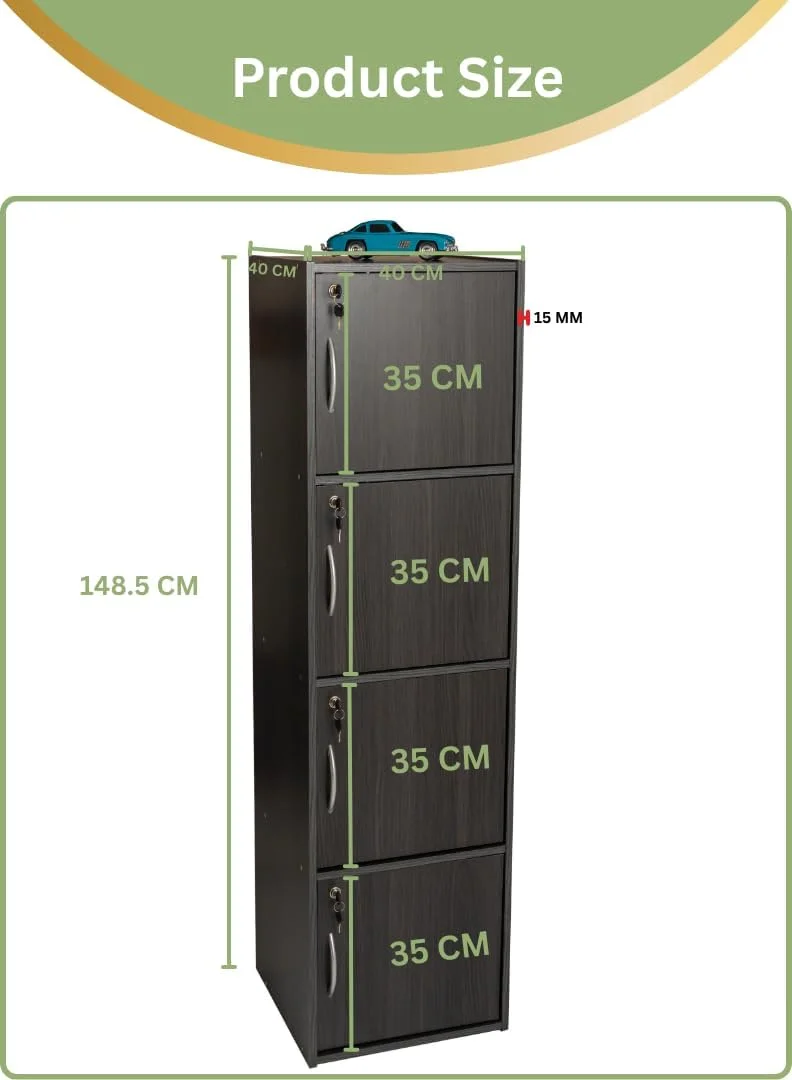 کابینت ذخیره سازی چوبی مدرن 4 طبقه با درهای قفل دار - سازمان دهنده ایستاده به ارتفاع 148.5 سانتی متر با 4 قفسه جادار 35 سانتی متری، سطح 40x40 سانتی متر، پانل های ضخیم 15 میلی متری - کمد چند منظوره بادوام