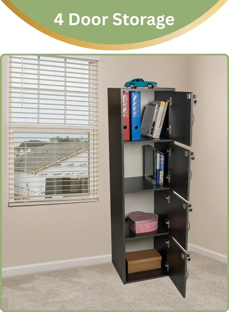 کابینت ذخیره سازی چوبی مدرن 4 طبقه با درهای قفل دار - سازمان دهنده ایستاده به ارتفاع 148.5 سانتی متر با 4 قفسه جادار 35 سانتی متری، سطح 40x40 سانتی متر، پانل های ضخیم 15 میلی متری - کمد چند منظوره بادوام