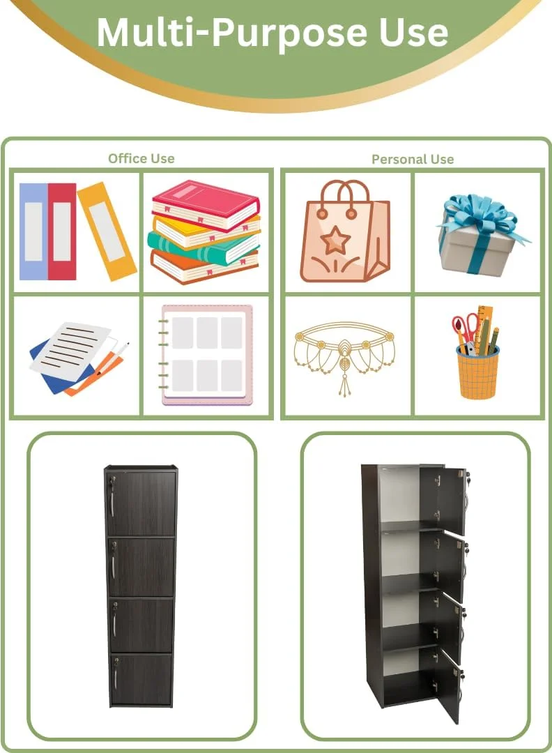 کابینت ذخیره سازی چوبی مدرن 4 طبقه با درهای قفل دار - سازمان دهنده ایستاده به ارتفاع 148.5 سانتی متر با 4 قفسه جادار 35 سانتی متری، سطح 40x40 سانتی متر، پانل های ضخیم 15 میلی متری - کمد چند منظوره بادوام