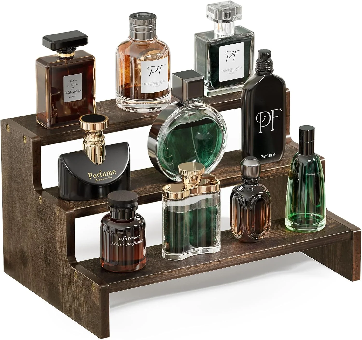 ProCase ارگانایزر چوبی عطر مردانه، استند 3 طبقه نمایشگر عطر، هولدر استند عطر مردانه، قفسه عطر برای عطرها شمع لوازم آرایشی کیک فنجانی - قهوه ای