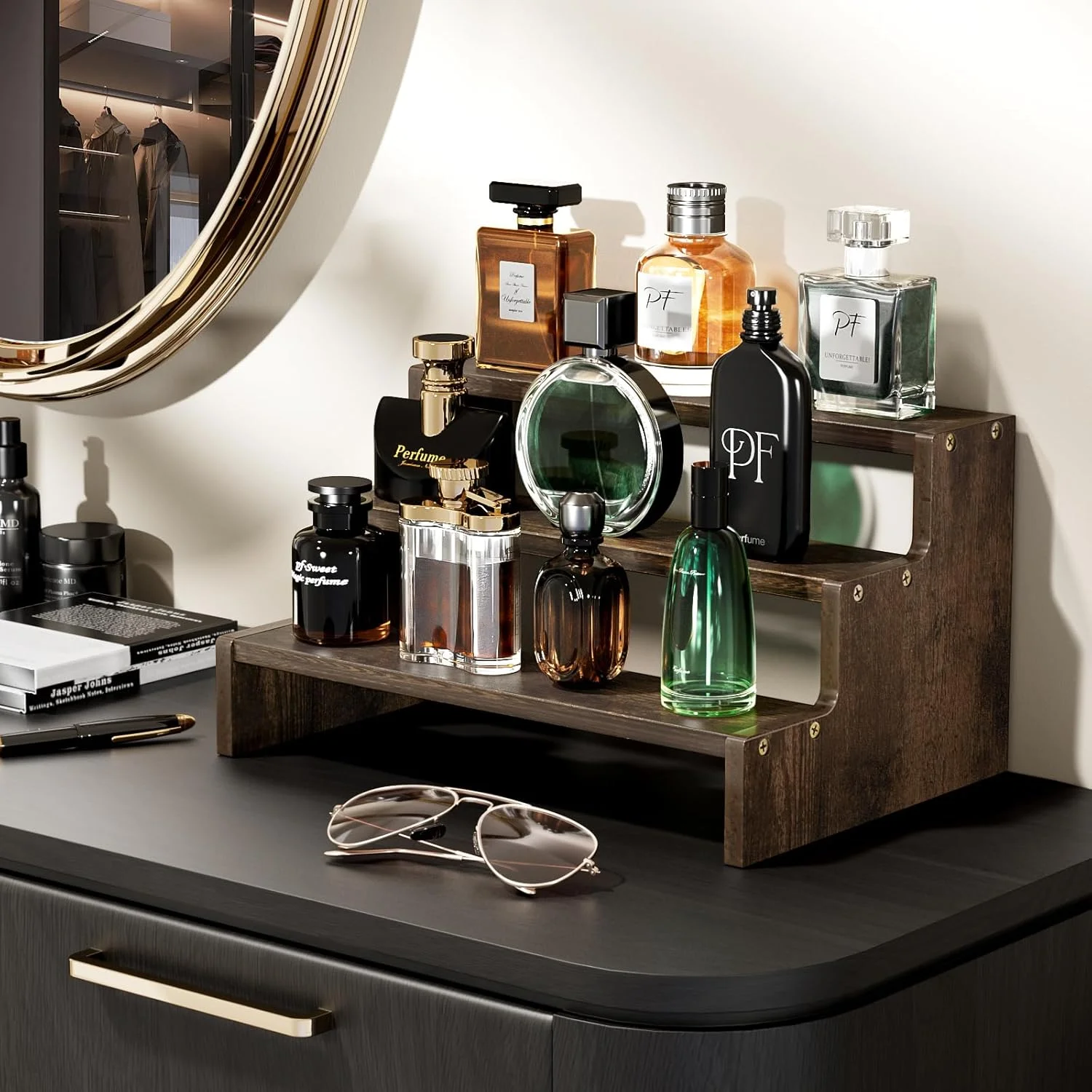 ProCase ارگانایزر چوبی عطر مردانه، استند 3 طبقه نمایشگر عطر، هولدر استند عطر مردانه، قفسه عطر برای عطرها شمع لوازم آرایشی کیک فنجانی - قهوه ای