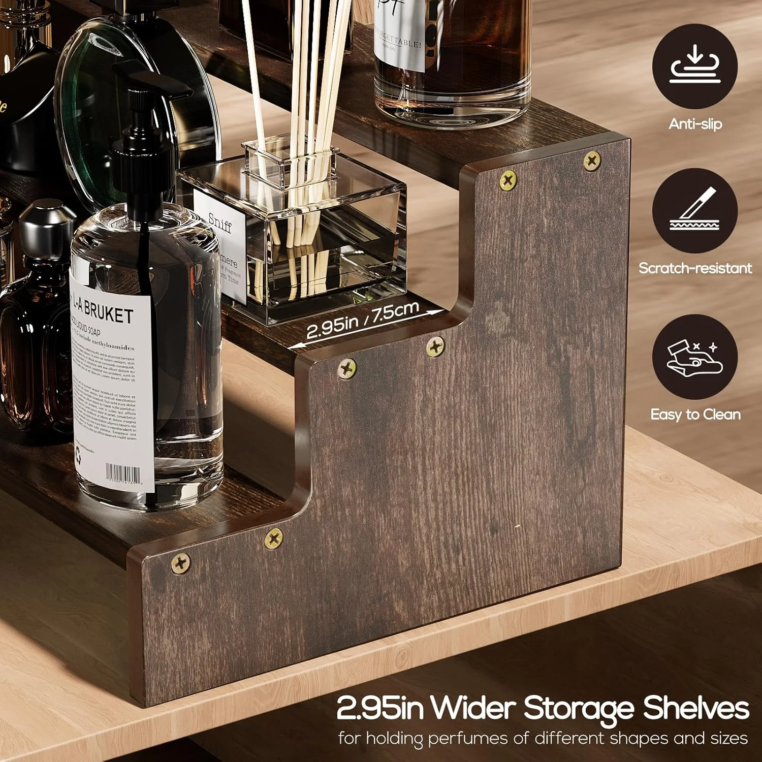 ProCase ارگانایزر چوبی عطر مردانه، استند 3 طبقه نمایشگر عطر، هولدر استند عطر مردانه، قفسه عطر برای عطرها شمع لوازم آرایشی کیک فنجانی - قهوه ای