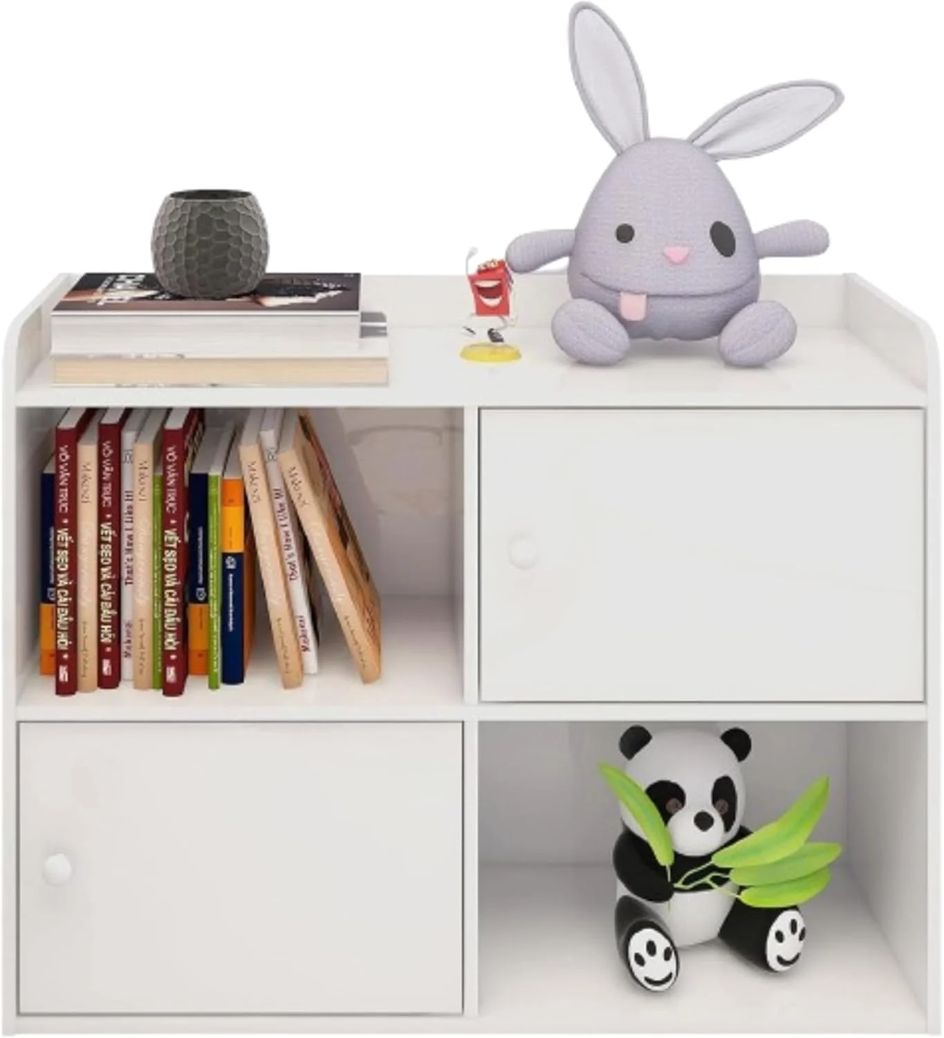 کابینت دو طبقه سفید کودک WT-EASYCARE با درب - قفسه ذخیره سازی چوبی مهندسی شده بادوام برای اتاق بازی و اتاق خواب - ایده آل برای ذخیره سازی اسباب بازی، کتاب، صنایع دستی و لوازم ضروری کودک