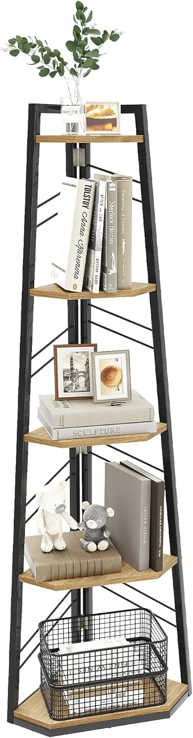 کتابخانه گوشه ای 5 طبقه YITAHOME - کتابخانه نردبانی مستقل صنعتی، قفسه چوبی باز مدرن برای اتاق نشیمن، راهرو، دفتر کار خانگی، بلوطی