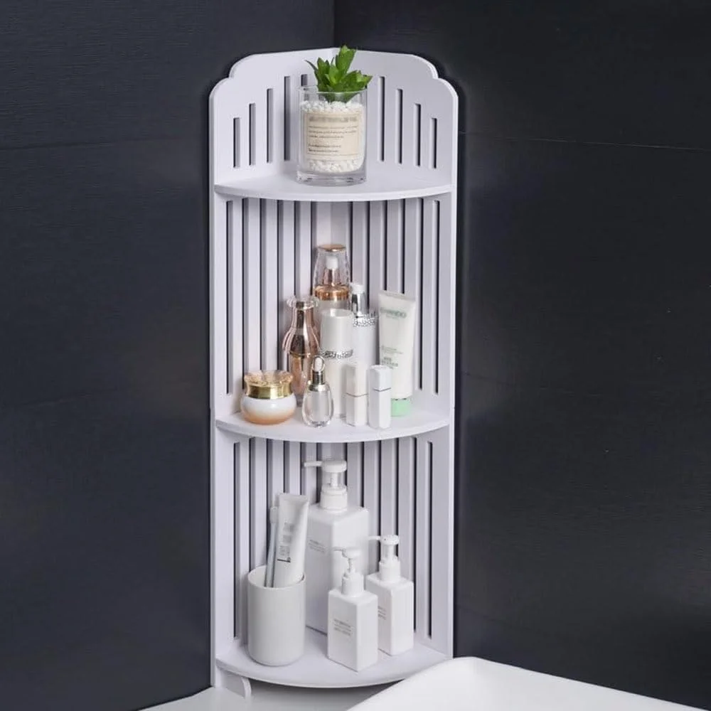 قفسه گوشه حمام OneDcor - قفسه دوش 3 و 4 طبقه، سازمان دهنده ضد آب مستقل برای فضاهای کوچک، پایه گوشه چوبی چند منظوره برای آشپزخانه و حمام (A)