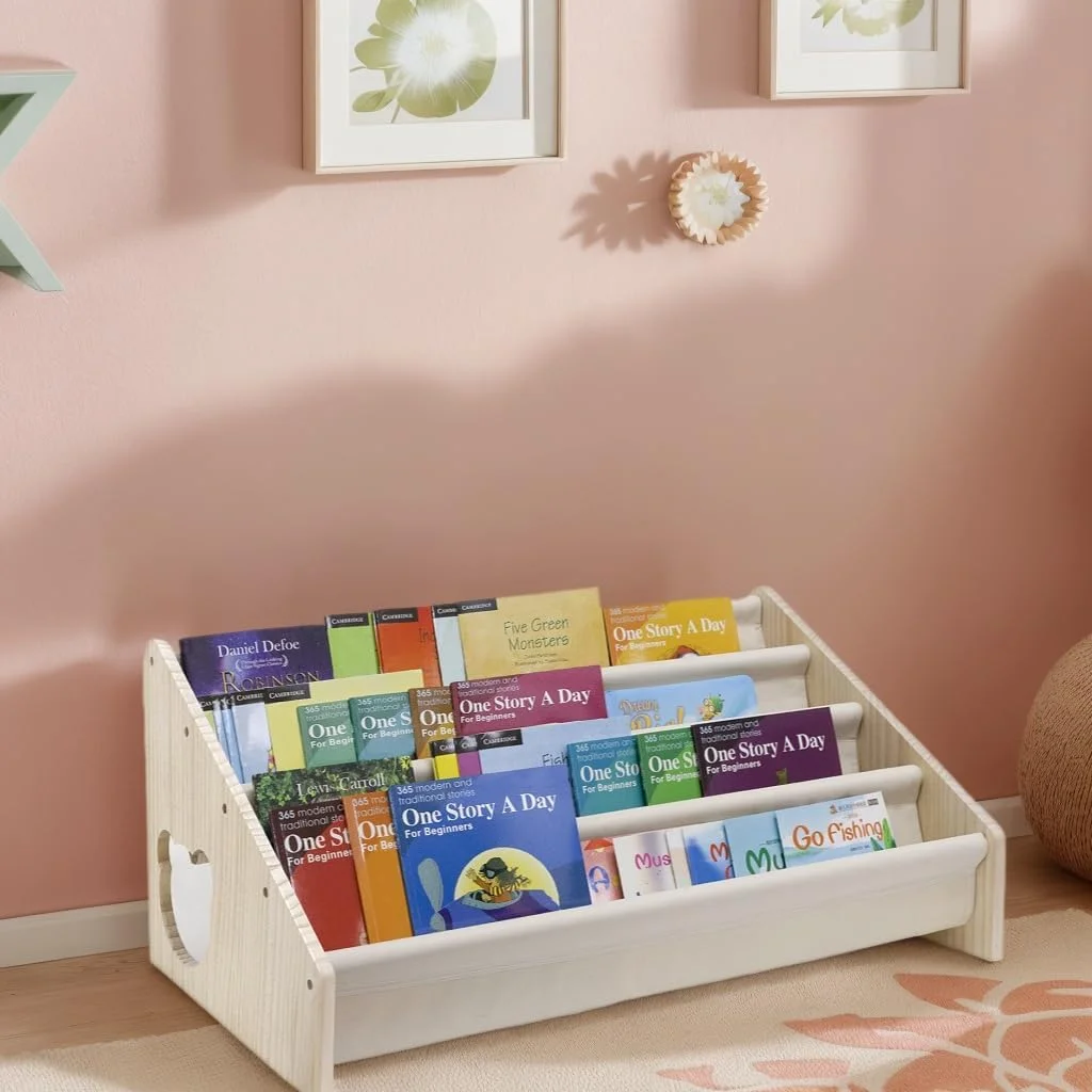 قفسه کتاب کودک ایکنجی دی ماپکلین 4 طبقه چوبی - قفسه کتاب مونته سوری برای اتاق کودک، قفسه کتاب کودک برای دکوراسیون اتاق بازی نوپا