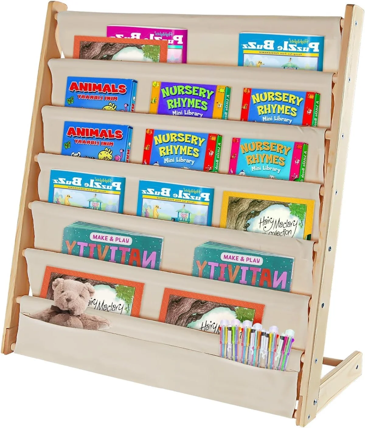 قفسه کتاب کودک Fohome، قفسه کتاب چوبی کودک 7 طبقه، قفسه کتاب پارچه ای بژ طبیعی برای اتاق خواب، اتاق بازی، اتاق کودک، مهد کودک، اسباب بازی های کلاس درس (چوب خالص)