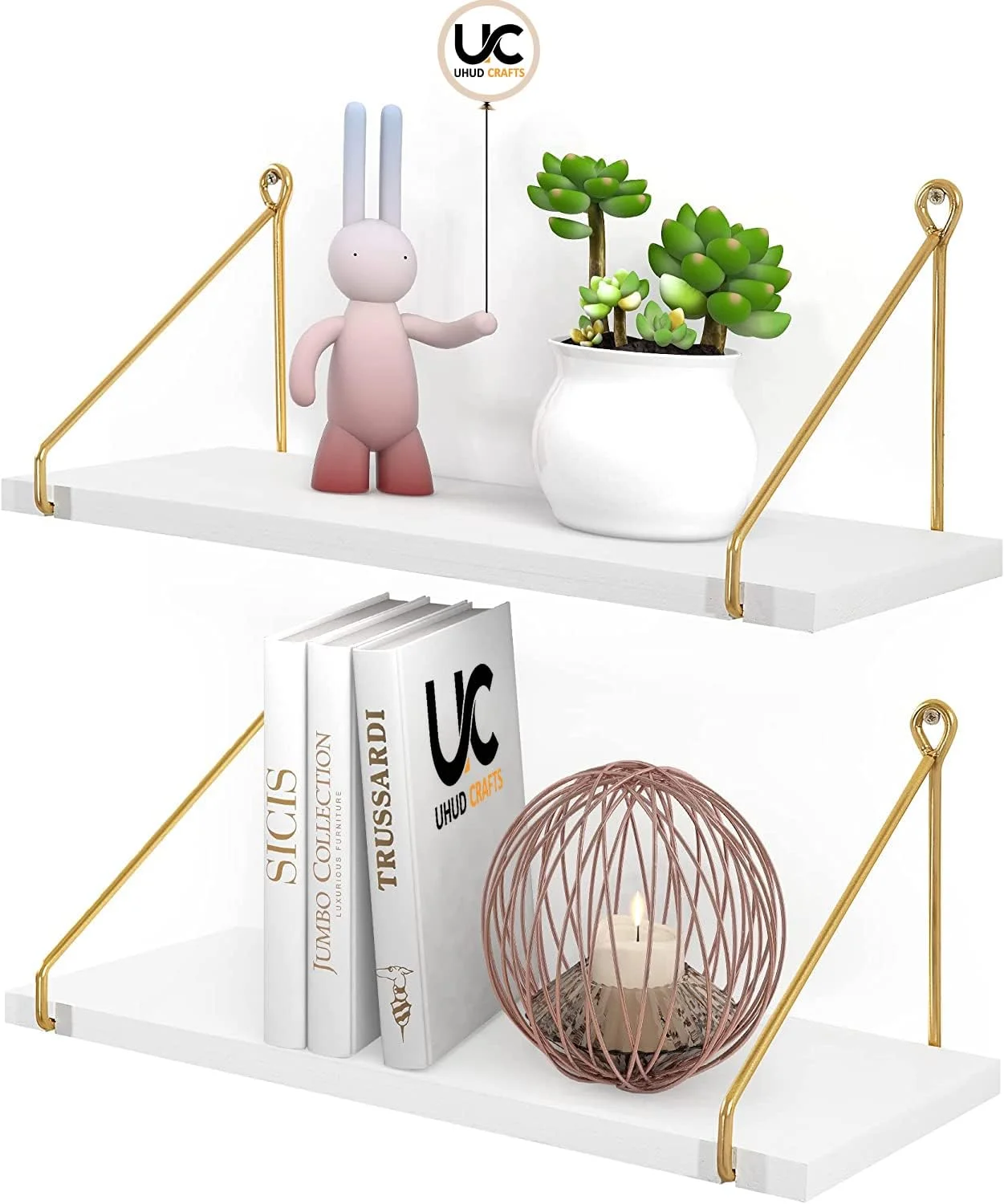 شلف دیواری UHUD CRAFTS برای اتاق نشیمن، شلف های دیواری طلایی سفید فلزی، وسایل دکوری منزل برای اتاق نشیمن/اتاق خواب، ست 2 عددی