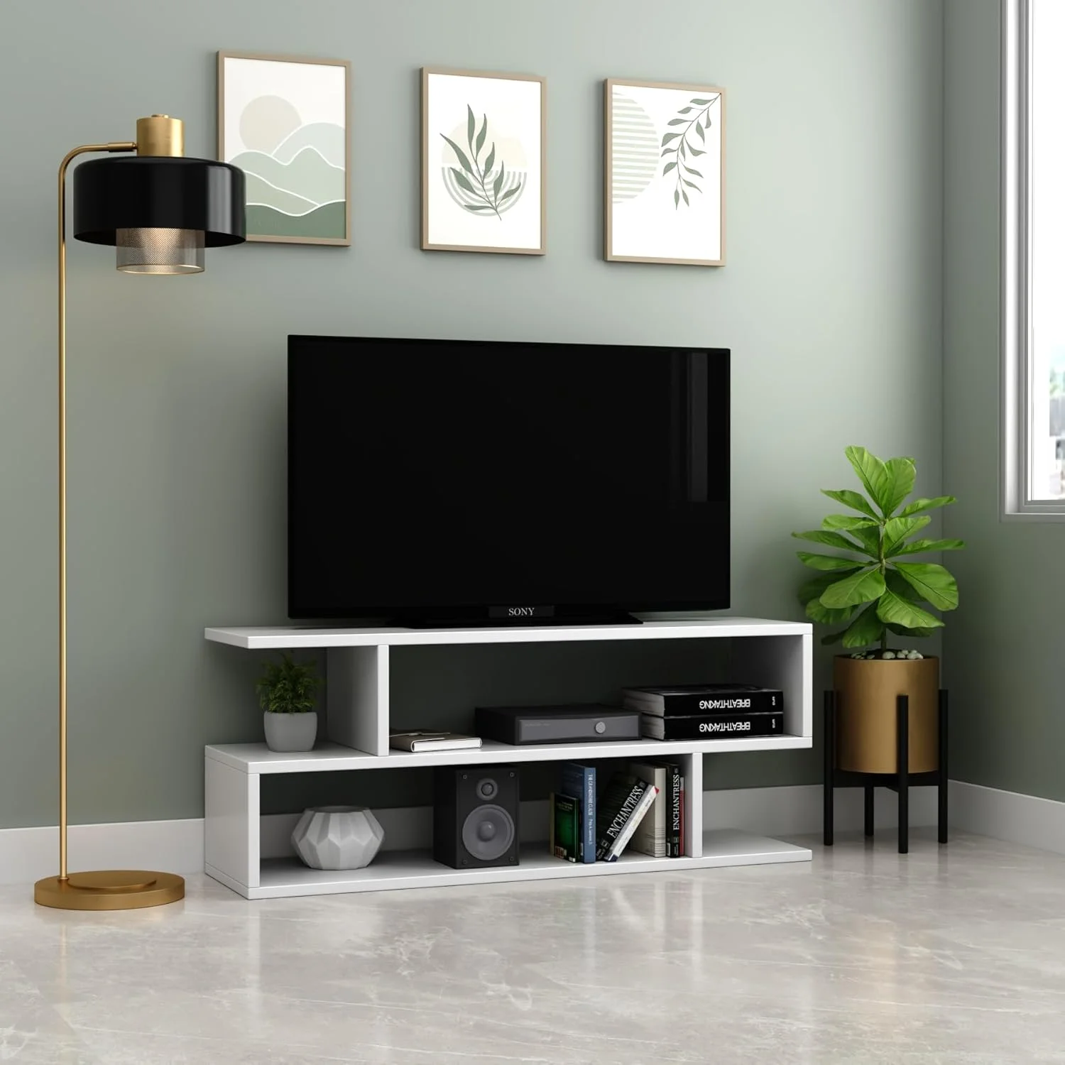 میز تلویزیون چوبی RIGID مدل S، کنسول مدرن با قفسه‌های باز برای نگهداری وسایل، مناسب اتاق نشیمن، اتاق خواب و دفتر کار خانگی (مونتاژ آسان، سفید، 30 عمق x 110 عرض x 45 ارتفاع سانتی‌متر)