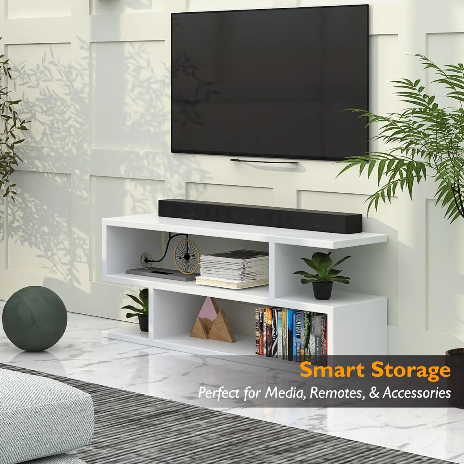 میز تلویزیون چوبی RIGID مدل S، کنسول مدرن با قفسه‌های باز برای نگهداری وسایل، مناسب اتاق نشیمن، اتاق خواب و دفتر کار خانگی (مونتاژ آسان، سفید، 30 عمق x 110 عرض x 45 ارتفاع سانتی‌متر)