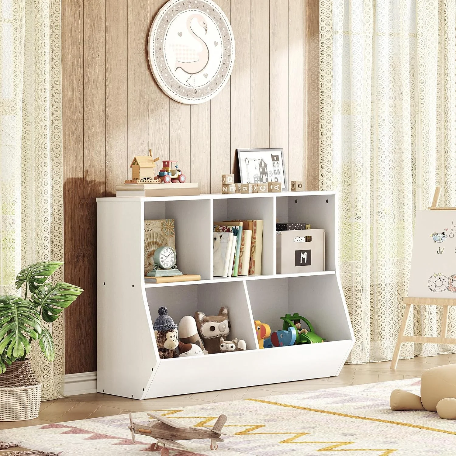 قفسه کتاب کودک HOOBRO، قفسه کتاب و محل نگهداری اسباب بازی برای اتاق بازی، اتاق خواب، قفسه چوبی اسباب بازی کودکان، قفسه کتاب و محل نگهداری اسباب بازی مناسب برای اتاق کودک، سفید EWT32CW01