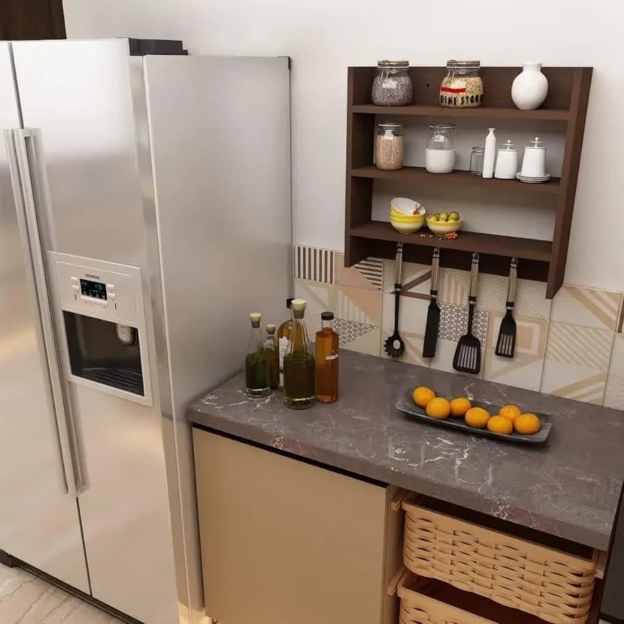 قفسه دیواری چوبی مهندسی شده Dime Store برای نگهداری وسایل آشپزخانه به همراه قلاب (استاندارد، قهوه ای) قفسه دیواری چوبی مهندسی شده Dime Store برای نگهداری وسایل آشپزخانه به همراه قلاب (استاندارد، قهوه ای)