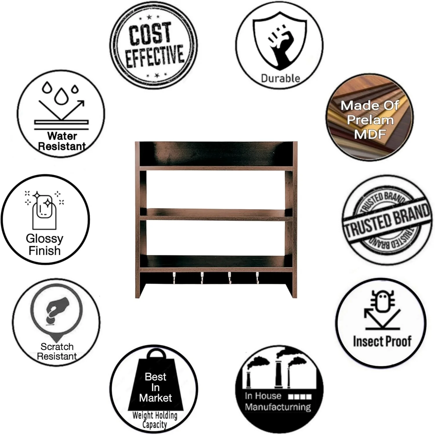 قفسه دیواری چوبی مهندسی شده Dime Store برای نگهداری وسایل آشپزخانه به همراه قلاب (استاندارد، قهوه ای) قفسه دیواری چوبی مهندسی شده Dime Store برای نگهداری وسایل آشپزخانه به همراه قلاب (استاندارد، قهوه ای)