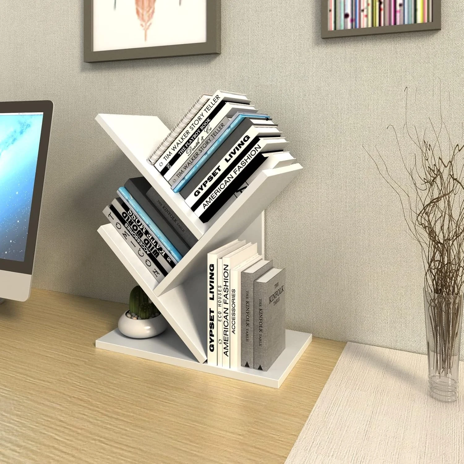 قفسه کتاب درختی رومیزی نارسیز، قفسه ارگانایزر 3 طبقه بامبو برای نگهداری کتاب، قفسه کتاب ایستاده زمینی، نگهدارنده کتاب، قفسه چوبی برای دفتر کار، خانه، مدرسه (31 * 17 * 40.5 سانتی متر) (سفید)