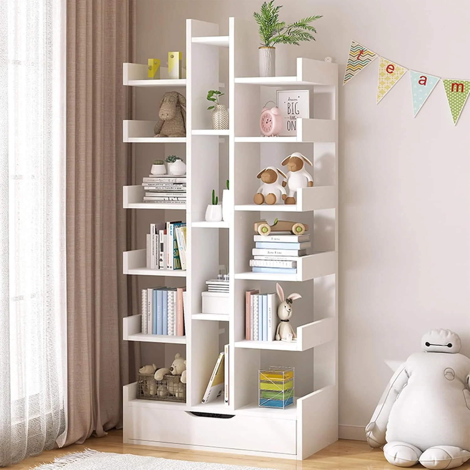 کتابخانه ایستاده 15 طبقه Sooyinpaint، کابینت ذخیره سازی بلند با کشو، سفید (سفید)
